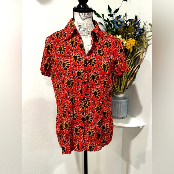 Fred David Tops - Fred David Red Black Short Sleeve pleated Stretch Button Down Shirt size Large